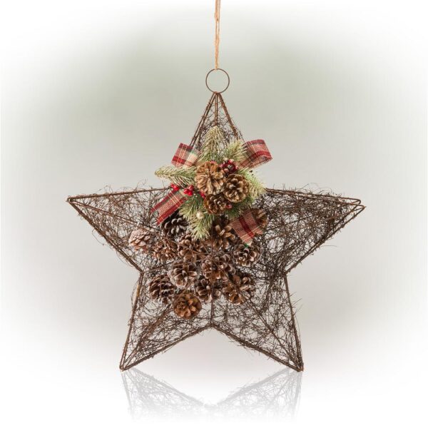Alpine Corporation 20 in. Tall Hanging Rustic Pinecone Christmas Star Decor