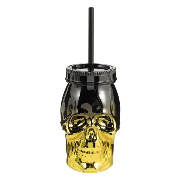 Amscan 4.5 in. Halloween Metallic Plastic 16 oz. Skull Cup with Straw (3-Pack)