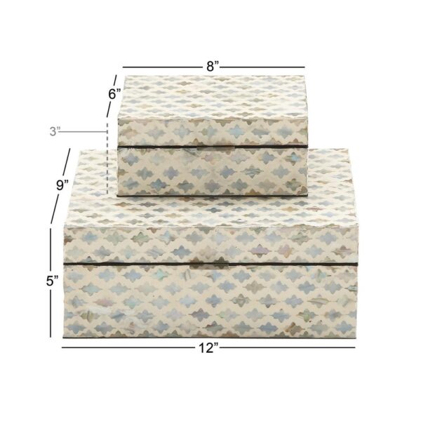 LITTON LANE Vintage White Zig-Zag Patterned MDF Multiple Decorative Boxes w/ Tan, Gray and Blue Mother of Pearl Tile Inlay(Set of 2)