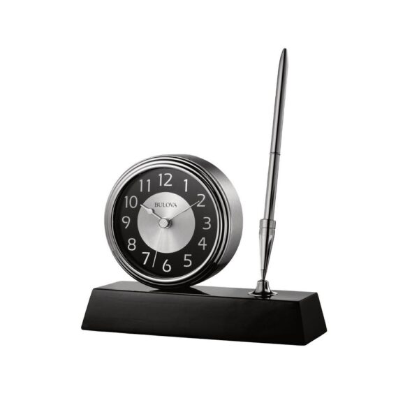 Bulova 5 in. H x 5.75 in. W Clock and Pen Desk Set with Black Wooden Base and Brushed Silver Accents
