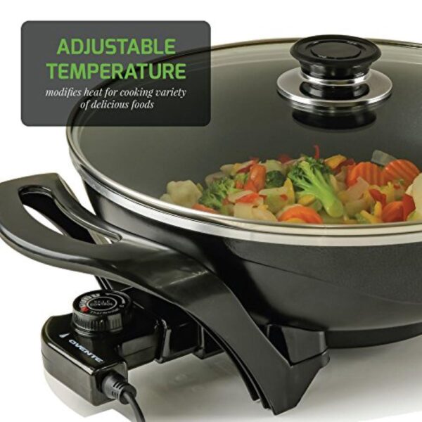 Ovente 13 In. Black Non-Stick Electric Skillet with Aluminum Body Adjustable Temperature Controller Tempered Glass Cover
