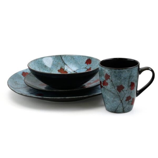 Elama Floral Accents 16-Piece Bohemian Blue Stoneware Dinnerware Set (Service for 4)