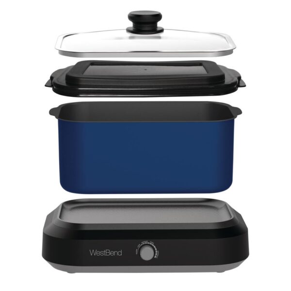 West Bend 6 qt. Blue Non-Stick Versatility Slow Cooker with 5-Temperature Settings Includes Travel Lid and Thermal Tote