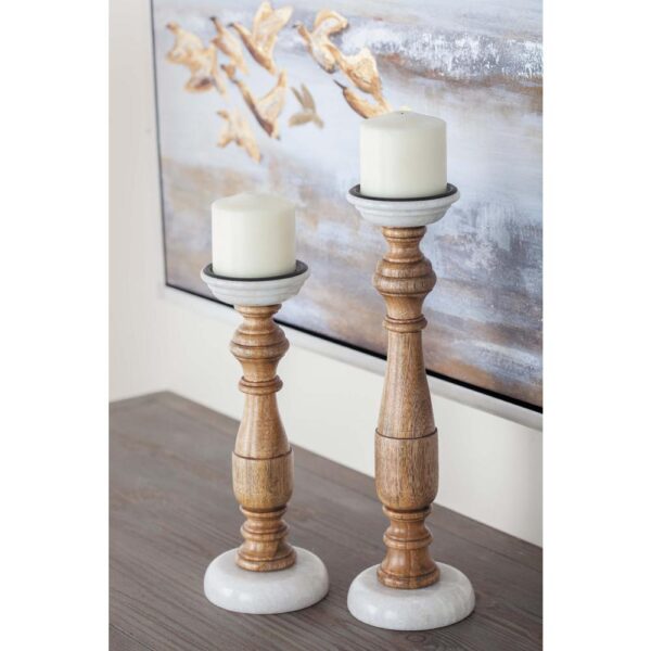 LITTON LANE New Traditional Stained Wood and Marble Candle Holders (Set of 2)