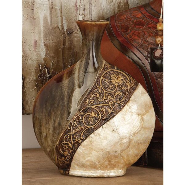 LITTON LANE 14 in. Ceramic and Capiz Urn Decorative Vase in Brown and Gold