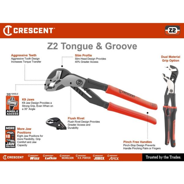 Crescent 8 in. Z2 K9 Straight Jaw Dual Material Tongue and Groove Pliers