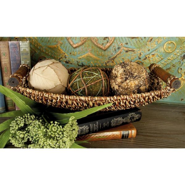 LITTON LANE Dark Brown and Light Brown Tight Braid Seagrass Boat-Shaped Trays with Cherrywood Dowell Handles (Set of 3)