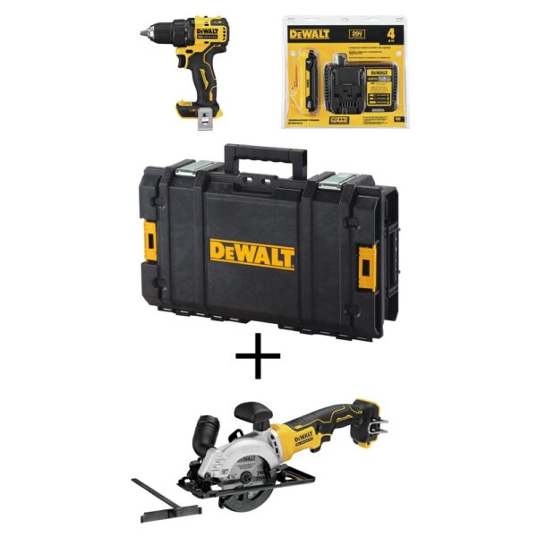 DEWALT ATOMIC 20-Volt MAX Cordless Brushless 1/2 in. Drill/Driver Kit, (1) 4.0Ah Battery, 4-1/2 in. Circular Saw & Tough System