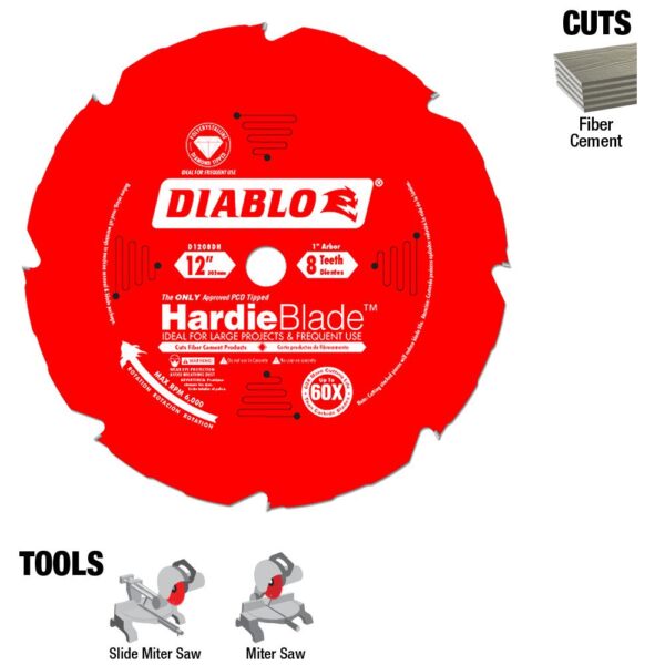 DIABLO 12 in. x 8-Tooth Polycrystalline Diamond (PCD) Tipped James Hardie/Fiber Cement Cutting Saw Blade