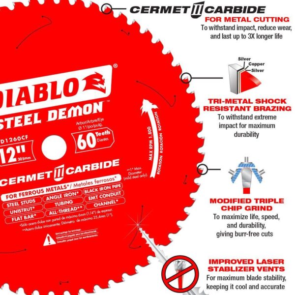 DIABLO 12 in. x 60-Tooth Steel Demon Cermet II Carbide Blade for Ferrous Metals & Stainless Steel