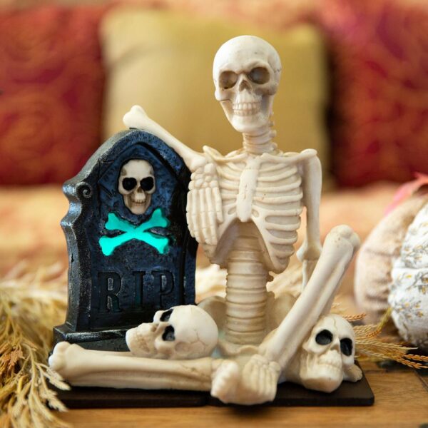 Flora Bunda 8 in. x 8.5 in. Polyresin Halloween Lighted Skeleton and Tombstone with Color Changing LED Lights