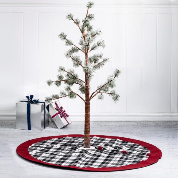 Glitzhome 48 in. D Black and White Plaid Fabric Christmas Tree Skirt with Red Trim