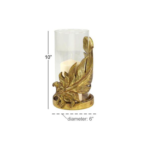 LITTON LANE Large Metallic Gold Feather Candle Holder with Hurricane Glass