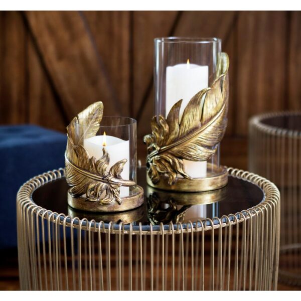 LITTON LANE Large Metallic Gold Feather Candle Holder with Hurricane Glass