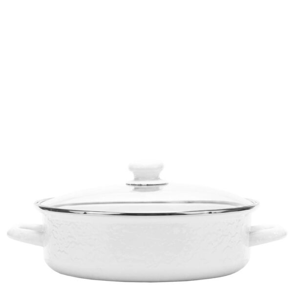 Golden Rabbit Enamelware 5 qt. Porcelain-Coated Steel Saute Pan in Solid White with Glass Lid