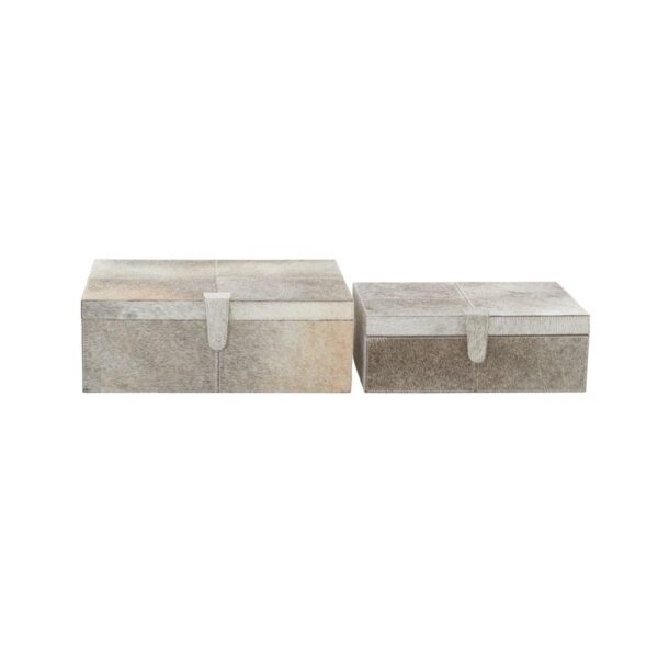 LITTON LANE Wide Rectangular Wood and Leather Hide Gray Boxes (Set of 2)