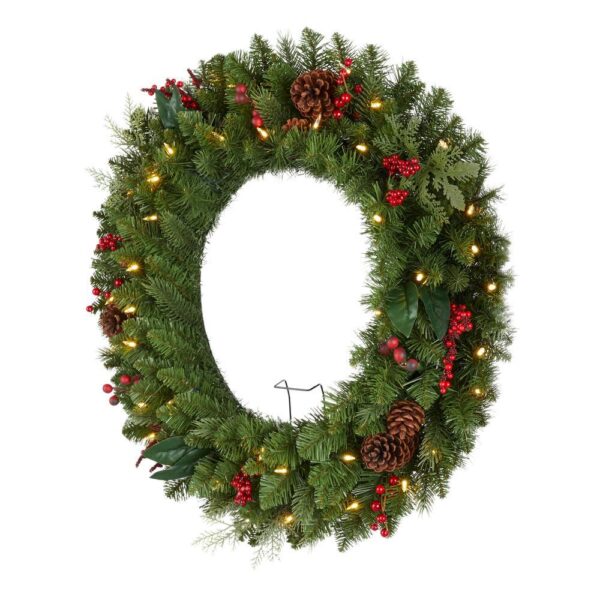 Home Accents Holiday 30 in. Winslow Fir Battery Operated Pre-lit Artificial Christmas Wreath with 175 Tips and 50 Warm White Lights