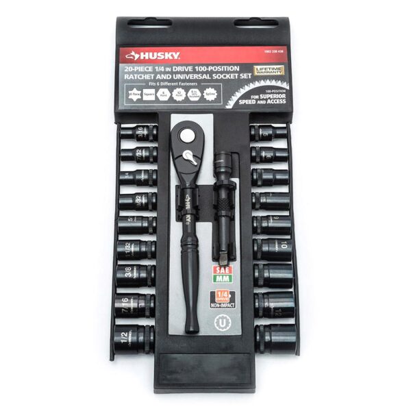 Husky 1/4 in. Drive 100-Position Ratchet and Universal SAE/Metric Socket Wrench Set (20-Piece)