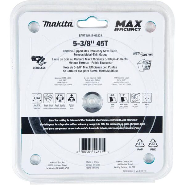 Makita 5-3/8 in. 45T Carbide-Tipped Max Efficiency Saw Blade, Ferrous Metal-Thin Gauge