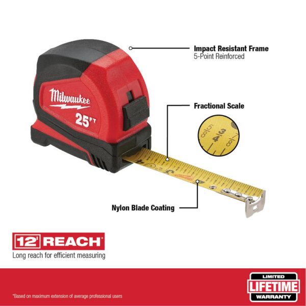 Milwaukee 25 ft. Compact Tape Measure W/ Safety Glasses with Clear Lenses