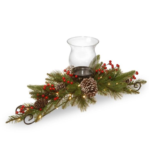 National Tree Company 30 in. Feel Real Bristle Berry Centerpiece With  Battery Operated Lights, Berries and Cones