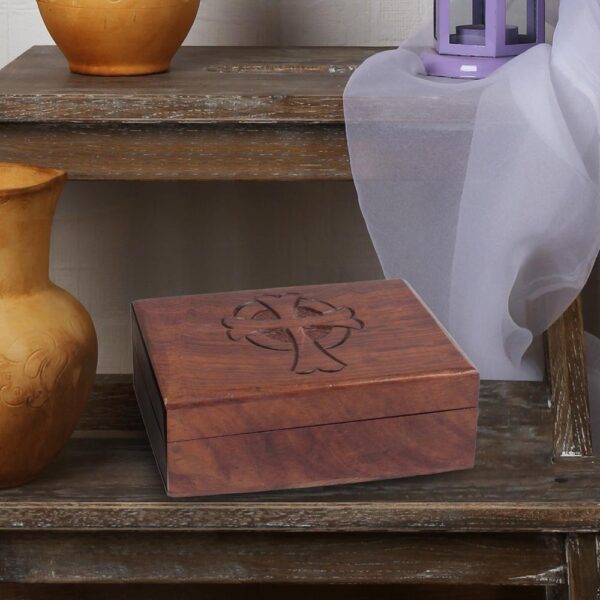 Stonebriar Collection 6 in. x 2 in. Natural Wooden Box with Hinged Lid and Carved Cross