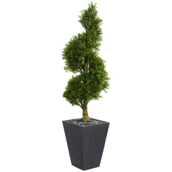 Nearly Natural 5 ft. High Indoor/Outdoor Boxwood Spiral Topiary Artificial Tree in Slate Planter