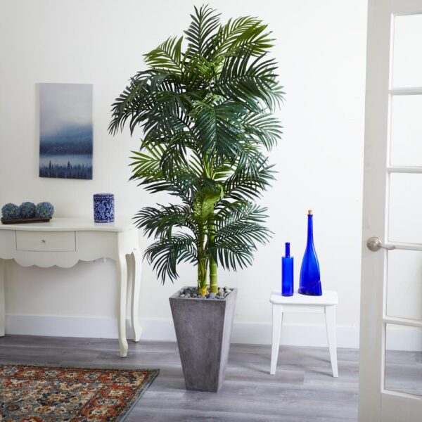 Nearly Natural 7 ft. Golden Cane Artificial Palm Tree in Cement Planter