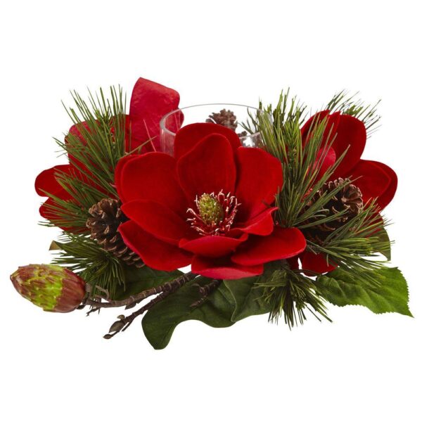 Nearly Natural 7 in. Red Magnolia and Pine Candelabrum