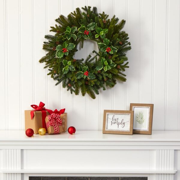 Nearly Natural 22 in. Pine Pinecone and Variegated Holly Leaf Artificial Wreath