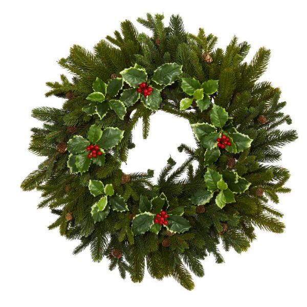 Nearly Natural 22 in. Pine Pinecone and Variegated Holly Leaf Artificial Wreath