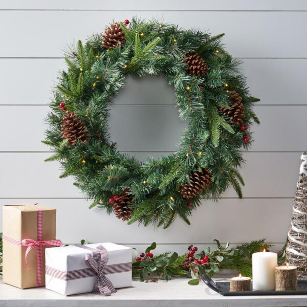 Noble House 24 in. Green Battery Operated Pre-Lit Warm White LED Mixed Pine Artificial Christmas Wreath with Pine Cones and Berries