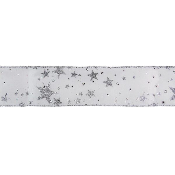 Northlight 2.5 in. x 16 yds. Shimmering Silver Glitter Stars on White Wired Craft Ribbon