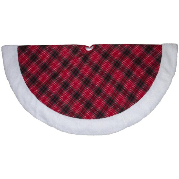Northlight 60 in. Red and Green Plaid Christmas Tree Skirt With White Sherpa Trim