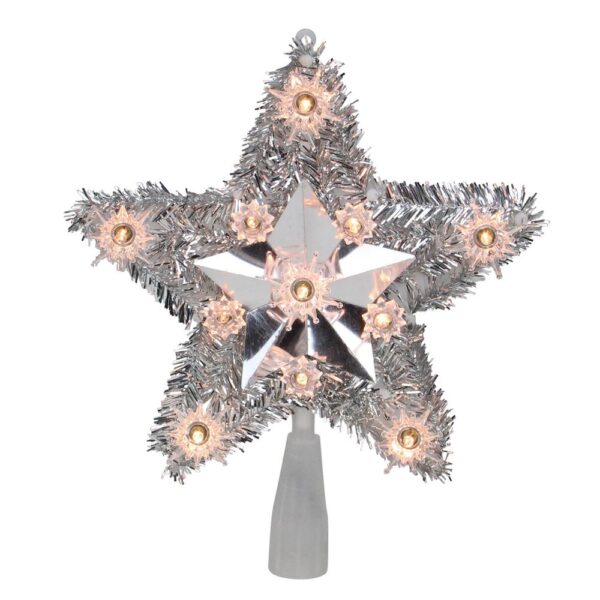 Northlight 9 in. Lighted Silver Tinsel Star Christmas Tree Topper in Clear Lights
