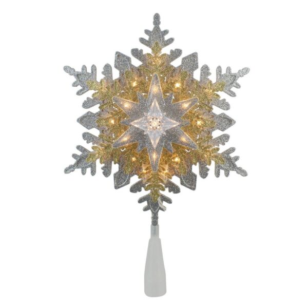 Northlight 13.5 in. Lighted Gold and Silver 3 Layer Snowflake Christmas Tree Topper with Clear Lights