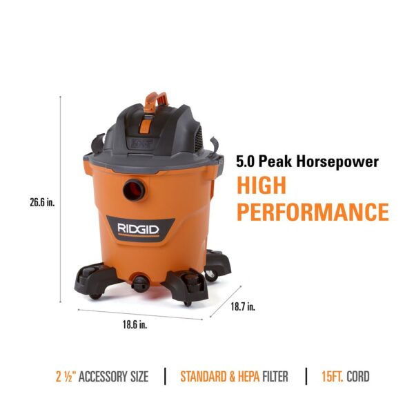 RIDGID 12 Gal. 5.0-Peak HP NXT Wet/Dry Shop Vacuum with Filter, Hose, Accessories, OSHA and HEPA Filtration Kit