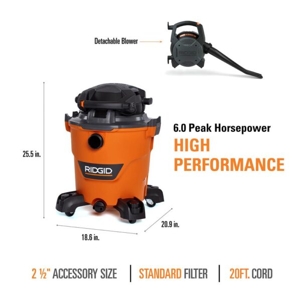 RIDGID 12 Gal. 6.0-Peak HP NXT Wet/Dry Shop Vacuum with Detachable Blower, Filter, Dust Bag, Hose and Accessories