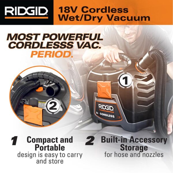 RIDGID 3 Gal. 18-Volt Cordless Handheld Wet/Dry Shop Vacuum (Tool Only) with Filter, Expandable Hose and Accessories