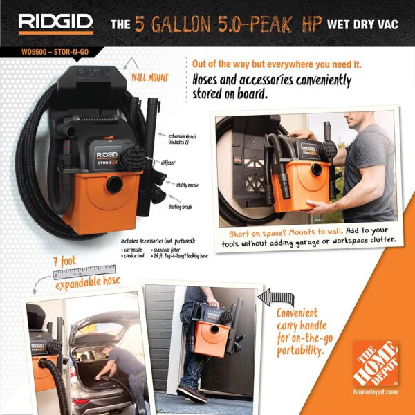 RIDGID 5 Gal. 5.0-Peak HP Portable Wall-Mountable Wet/Dry Shop Vacuum with Filter, Hose and Accessories