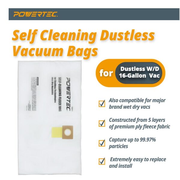 POWERTEC Self-Cleaning Fleece Bag Replacement for Dustless Technologies Wet Dry Vacuums (3-Pack)