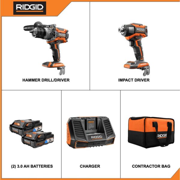RIDGID 18-Volt OCTANE Lithium-Ion Cordless Brushless Combo Kit with Hammer Drill, Impact Driver, (2) 3.0 Ah Batteries, Charger