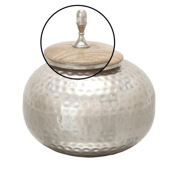 LITTON LANE 12 in. Silver Iron Urn-Type Squat Round Jar with Circular Oak Brown Wood Lid