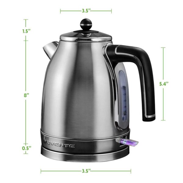 Ovente 7.2-Cup Silver Stainless Steel Electric Kettle with Removable Filter, Boil Dry Protection and Auto Shut Off Features