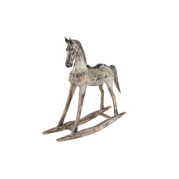 LITTON LANE Handmade Vintage Beige and Black Wooden Rocking Horse with Ornamental Red and Yellow Saddle