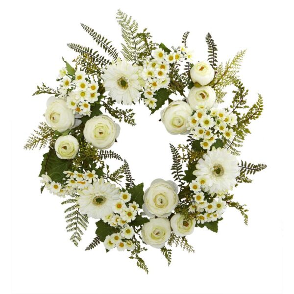 Nearly Natural 24 in. Mixed Daisies and Ranunculus Wreath